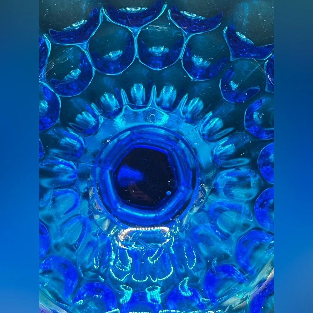 Vintage Fenton Blue Ruffle Thumbprint Glass Pedestal Candy Dish Compote Tazza